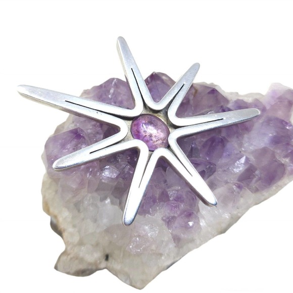 Vintage Jewelry - Reveriano Castillo Brooch 925 Sterling Silver Amethyst Sputnik Atomic Pendant